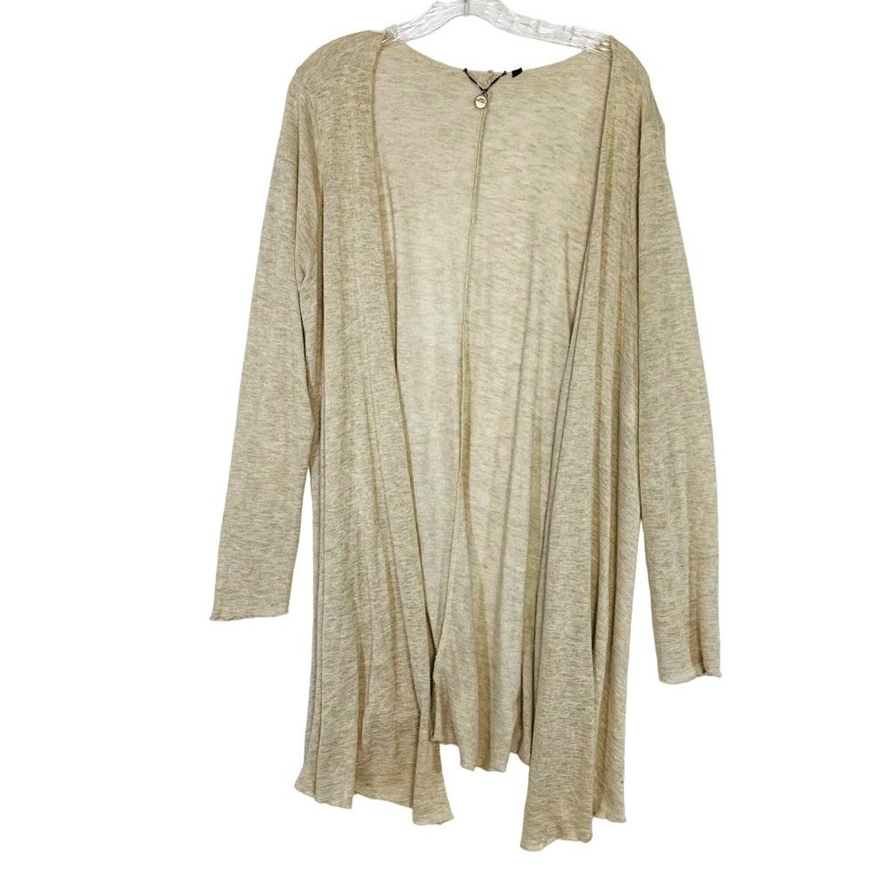 BKE Boutique Womens Maxi Cardigan Sweater Size L Beige Open Front Long Lagenlook